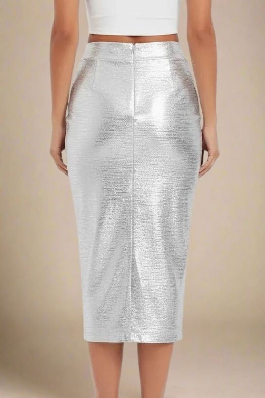 Woman wearing a figure flattering  High Waist Leather Pencil Skirt Midi Length - Metallic Silver BODYCON COLLECTION