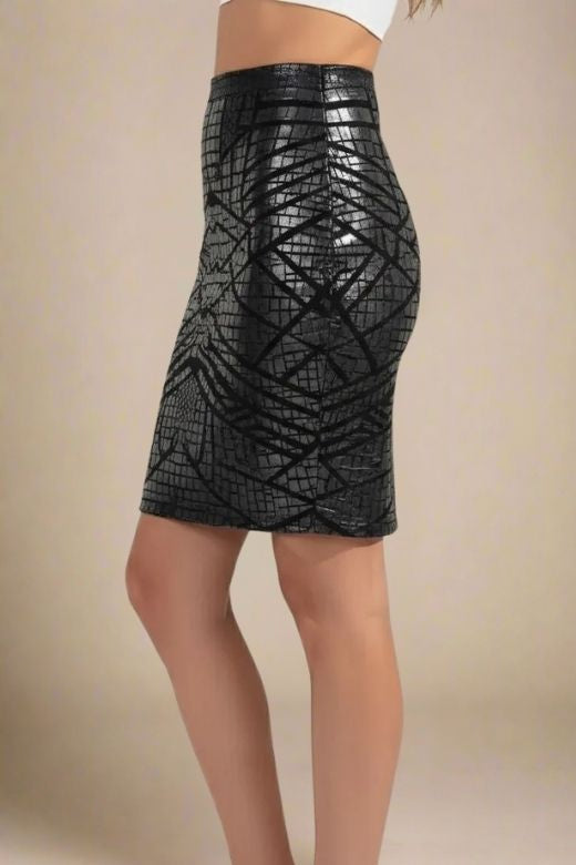 Woman wearing a figure flattering  High Waist Leather Pencil Skirt Mini Length - Crocodile Black BODYCON COLLECTION Pty Ltd