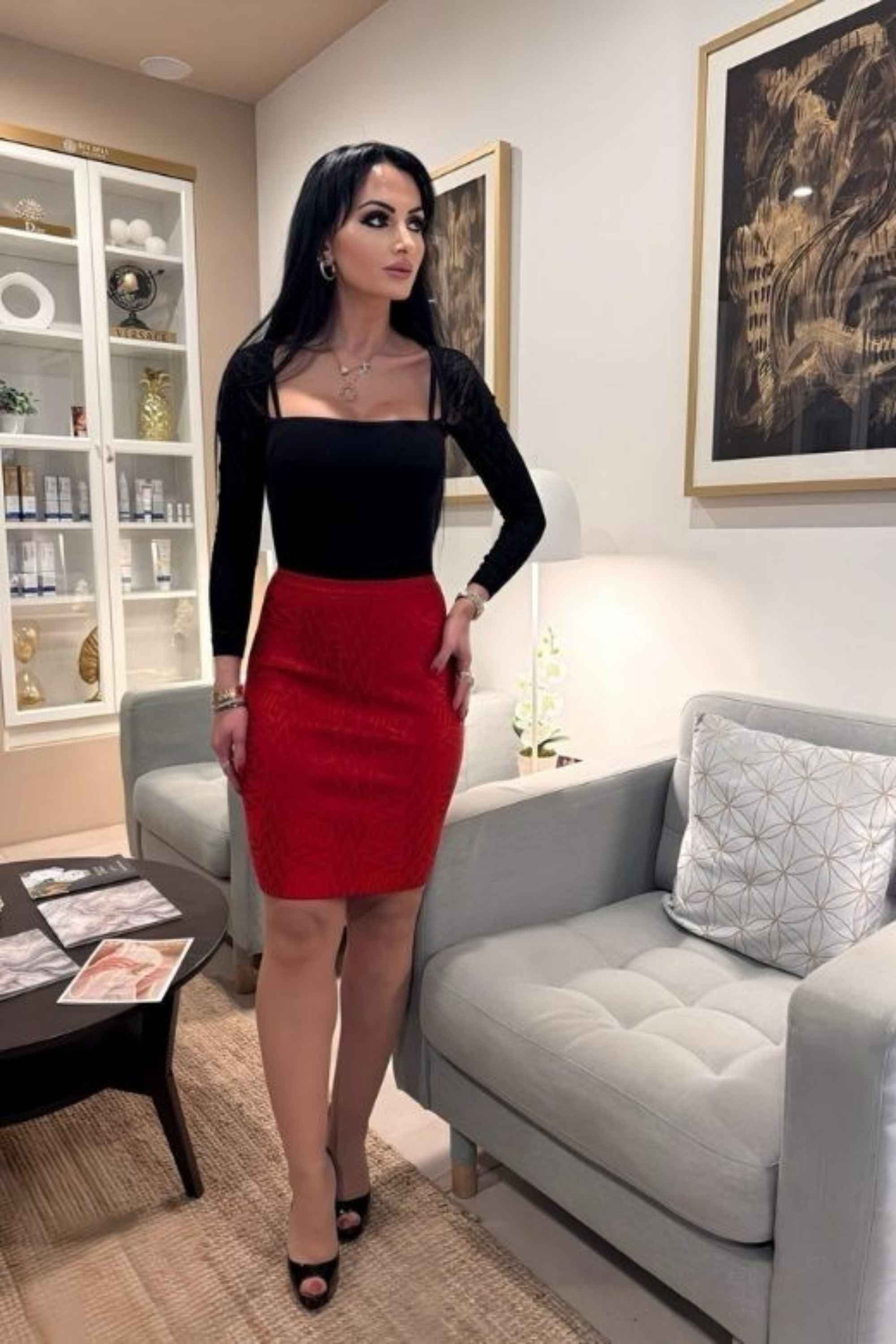 Woman wearing a figure flattering  High Waist Leather Pencil Skirt Mini Length - Gold Print BODYCON COLLECTION