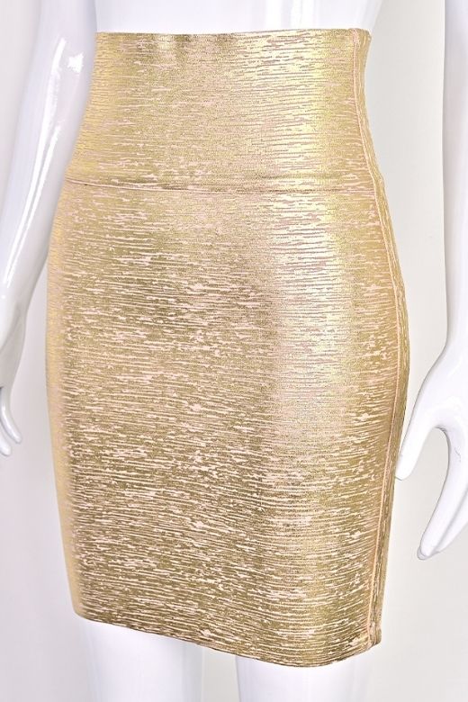 Woman wearing a figure flattering  High Waist Leather Pencil Skirt Mini Length - Metallic Gold BODYCON COLLECTION