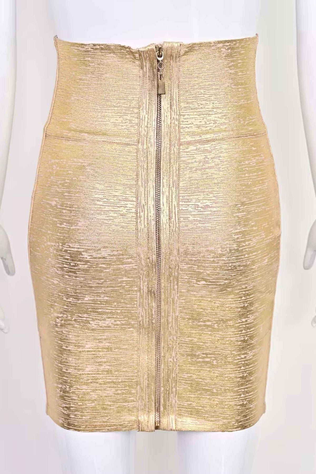 Woman wearing a figure flattering  High Waist Leather Pencil Skirt Mini Length - Metallic Gold BODYCON COLLECTION