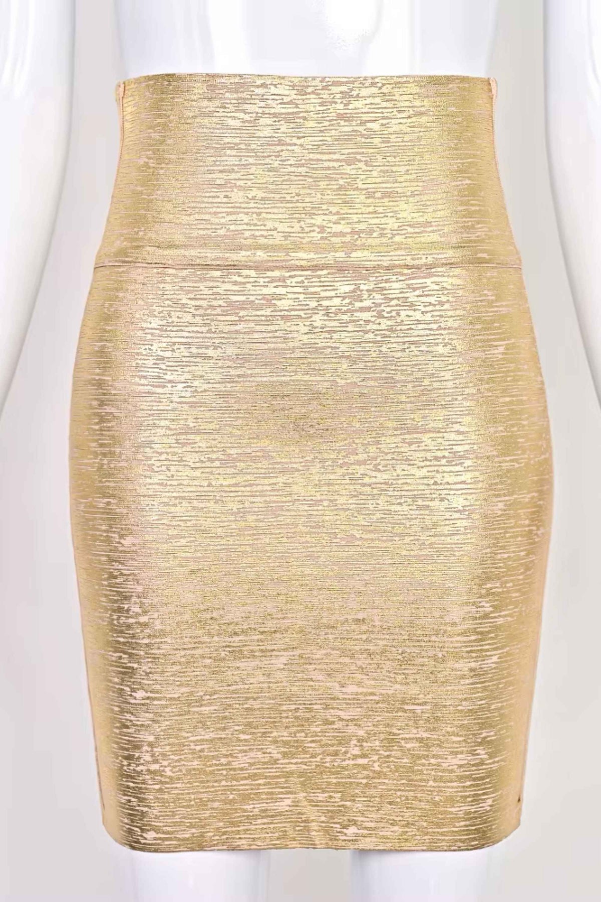 Woman wearing a figure flattering  High Waist Leather Pencil Skirt Mini Length - Metallic Gold BODYCON COLLECTION