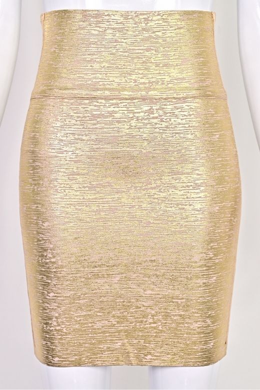 Woman wearing a figure flattering  High Waist Leather Pencil Skirt Mini Length - Metallic Gold BODYCON COLLECTION