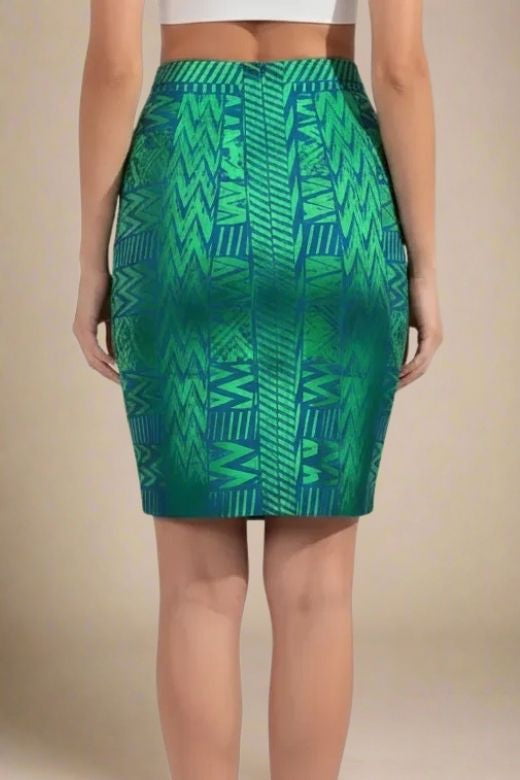 Woman wearing a figure flattering  High Waist Metallic Leather Mini Skirt - Emerald Green BODYCON COLLECTION