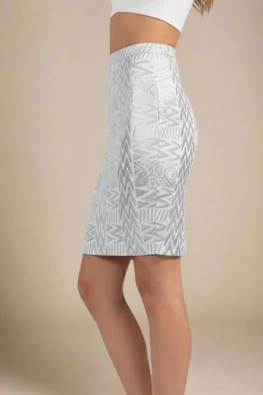 Woman wearing a figure flattering  High Waist Metallic Leather Mini Skirt - Silver BODYCON COLLECTION