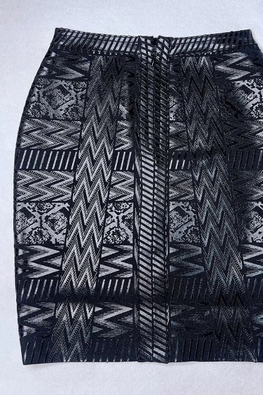 Woman wearing a figure flattering  High Waist Metallic Mini Skirt - Classic Black BODYCON COLLECTION