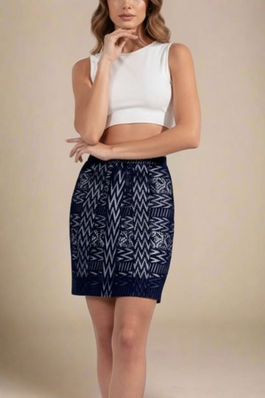 Woman wearing a figure flattering  High Waist Metallic Mini Skirt - Classic Black BODYCON COLLECTION