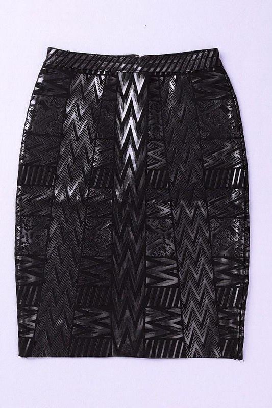 Woman wearing a figure flattering  High Waist Metallic Mini Skirt - Classic Black BODYCON COLLECTION