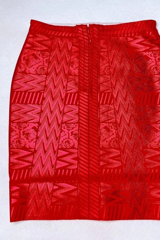 Woman wearing a figure flattering  High Waist Metallic Mini Skirt - Lipstick Red BODYCON COLLECTION