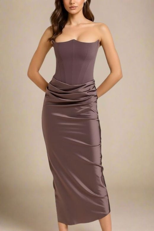 Woman wearing a figure flattering  Hope Bodycon Wrap Maxi Dress - Coffee Brown BODYCON COLLECTION