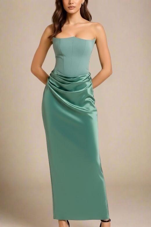 Woman wearing a figure flattering  Hope Bodycon Wrap Maxi Dress - Teal Green BODYCON COLLECTION