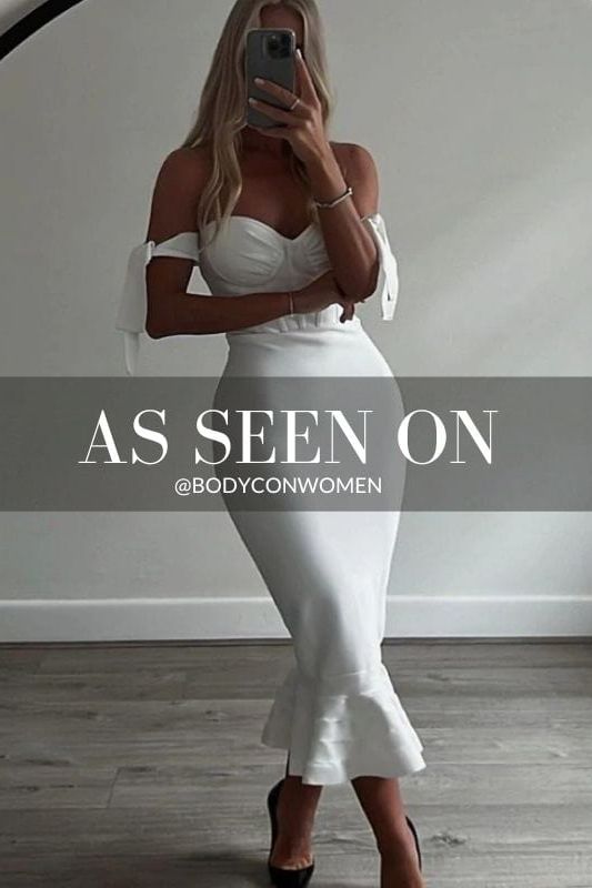 Woman wearing a figure flattering  Hunter Bandage Midi Dress - Pearl White BODYCON COLLECTION