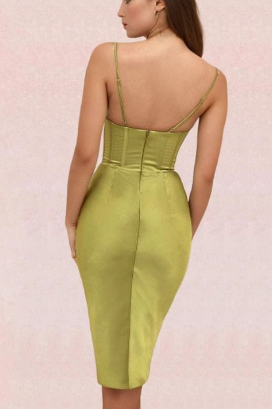 Woman wearing a figure flattering  Indi Bodycon Dress - Olive Green BODYCON COLLECTION