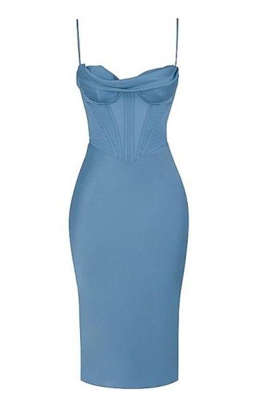 Woman wearing a figure flattering  Indi Bodycon Dress - Sea Blue BODYCON COLLECTION