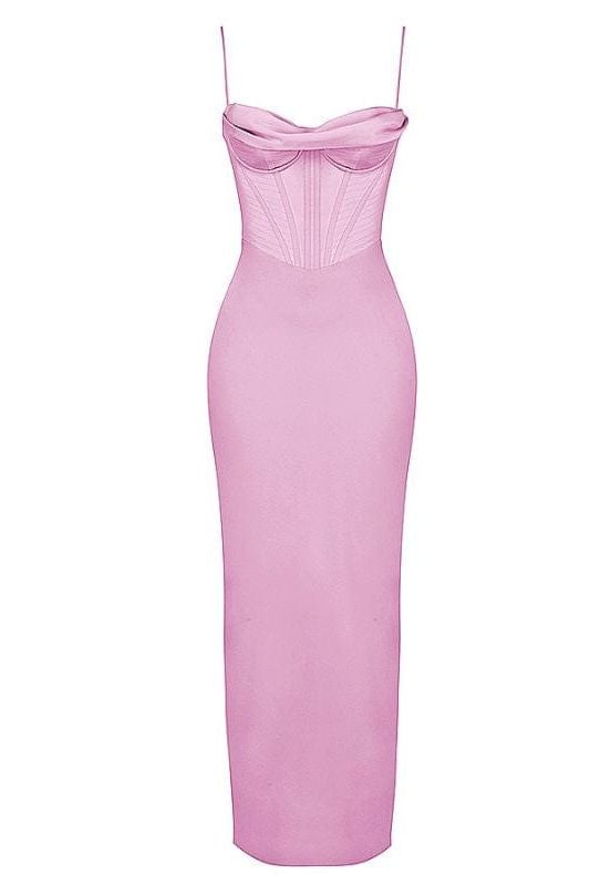 Woman wearing a figure flattering  Indi Bodycon Maxi Dress - Blush Pink BODYCON COLLECTION