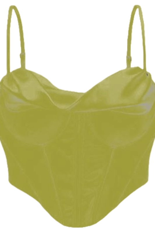Woman wearing a figure flattering  Indi Corset Crop Top - Olive Green BODYCON COLLECTION