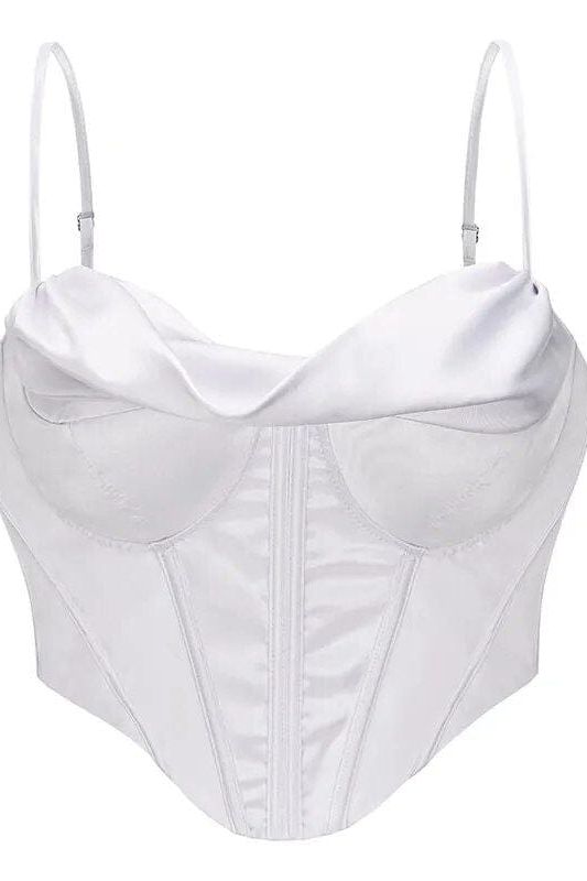 Woman wearing a figure flattering  Indi Corset Crop Top - Pearl White BODYCON COLLECTION