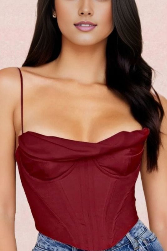 Woman wearing a figure flattering  Indi Corset Crop Top - Red Wine BODYCON COLLECTION