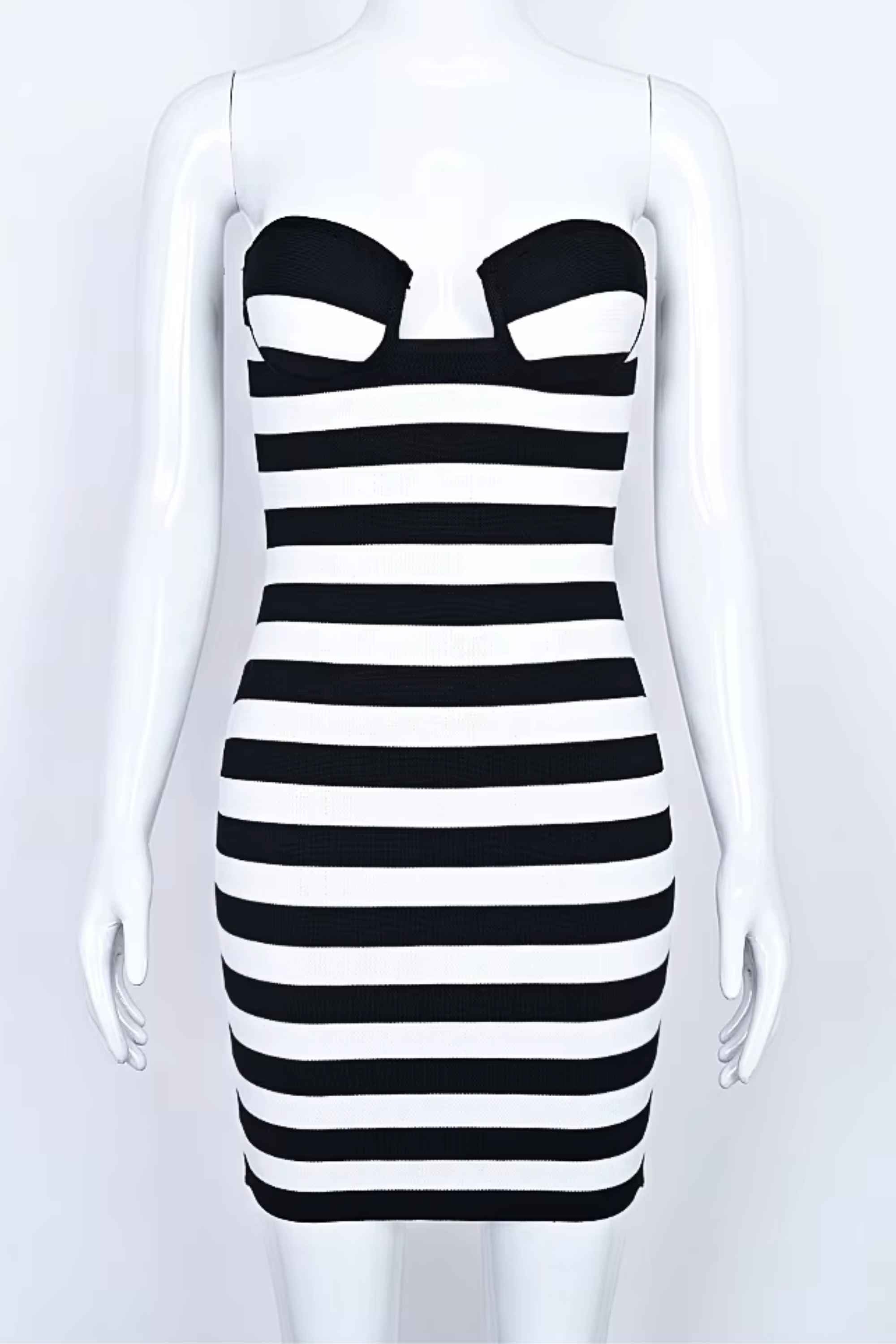 Woman wearing a figure flattering  Ingrid Bandage Mini Dress - Classic Black BODYCON COLLECTION