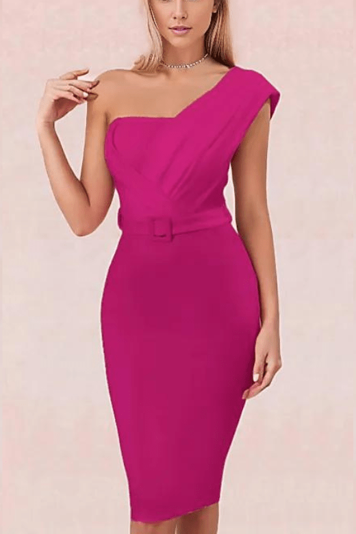 Woman wearing a figure flattering  Ione Bandage Midi Dress - Magenta Pink BODYCON COLLECTION