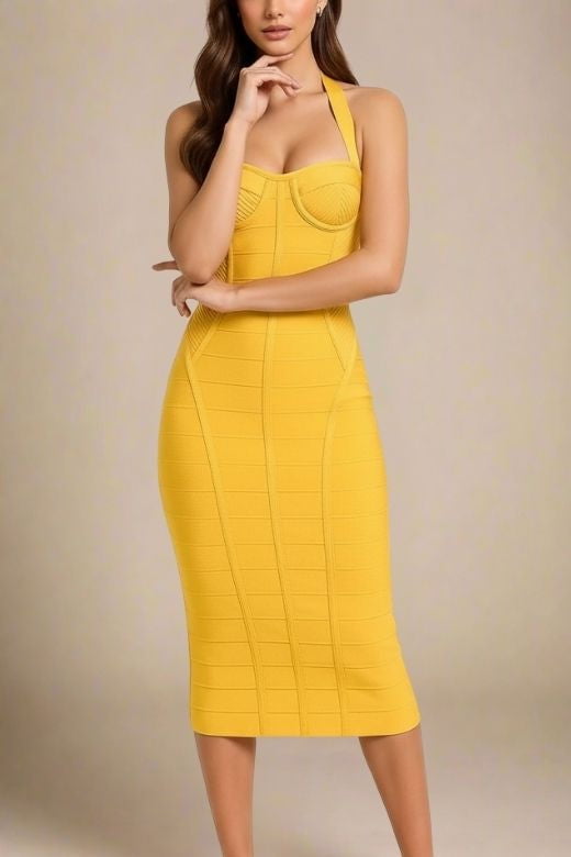 Woman wearing a figure flattering  Isabella Bandage Midi Dress - Mustard Yellow BODYCON COLLECTION Pty Ltd