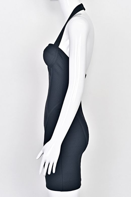 Woman wearing a figure flattering  Isabella Bandage Mini Dress - Classic Black BODYCON COLLECTION Pty Ltd