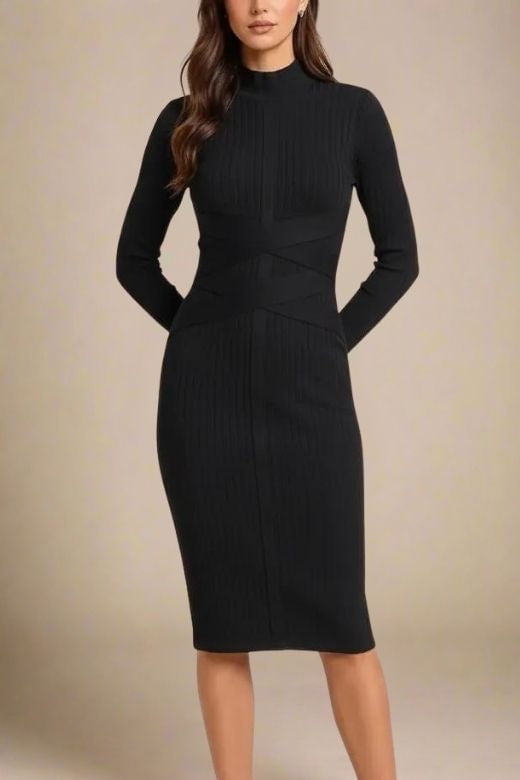 Woman wearing a figure flattering  Jane Long Sleeve Bodycon Midi Dress - Classic Black Bodycon Collection