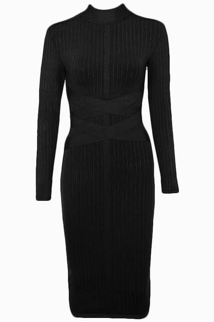 Woman wearing a figure flattering  Jane Long Sleeve Bodycon Midi Dress - Classic Black Bodycon Collection