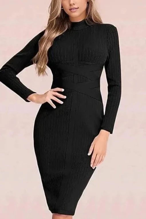 Woman wearing a figure flattering  Jane Long Sleeve Bodycon Midi Dress - Classic Black Bodycon Collection