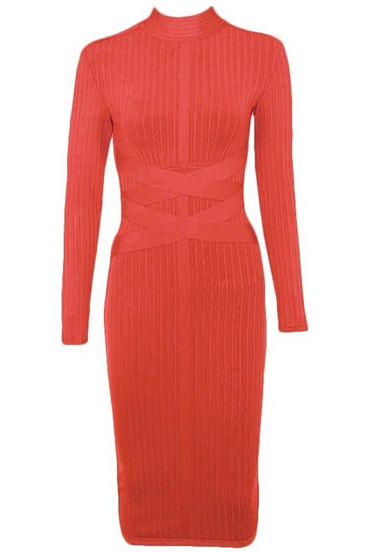 Woman wearing a figure flattering  Jane Long Sleeve Bodycon Midi Dress - Lipstick Red Bodycon Collection