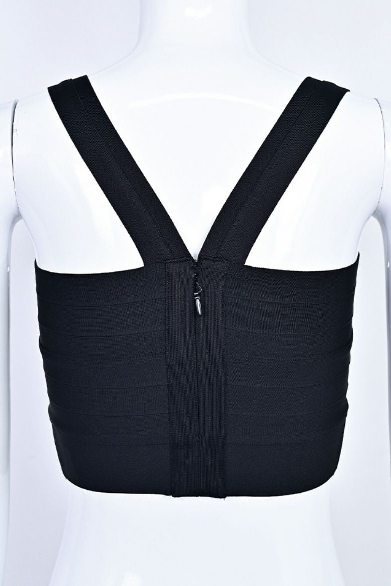 Woman wearing a figure flattering  Jay Bandage Crop Top - Classic Black BODYCON COLLECTION
