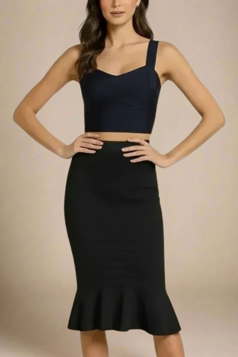 Woman wearing a figure flattering  Jay Bandage Crop Top - Classic Black BODYCON COLLECTION