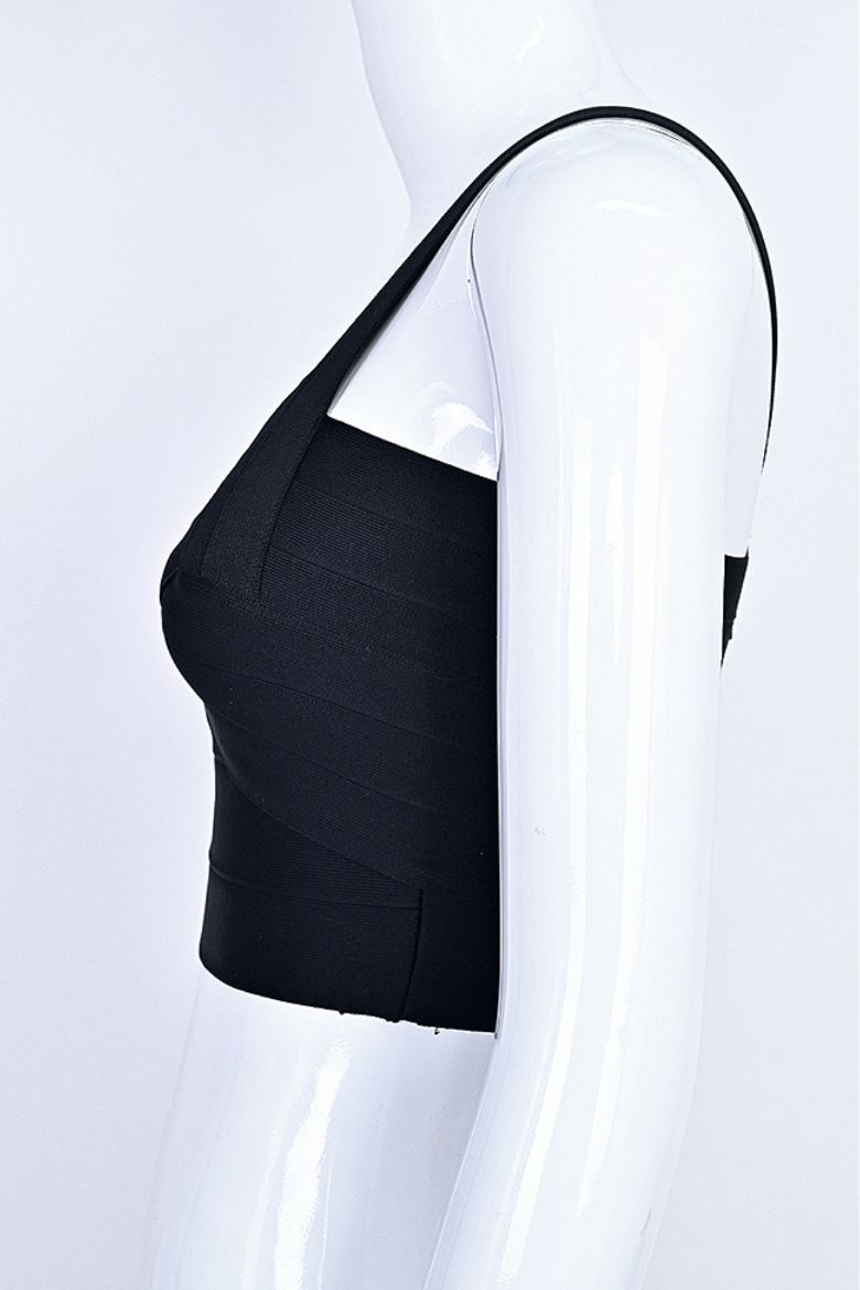 Woman wearing a figure flattering  Jay Bandage Crop Top - Classic Black BODYCON COLLECTION