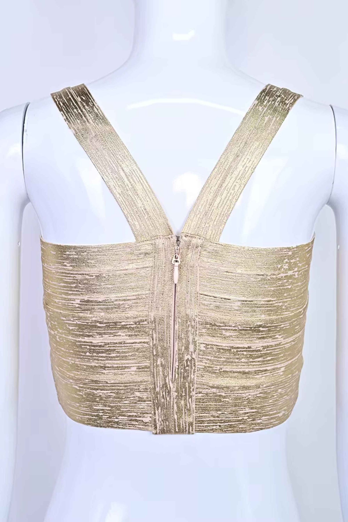 Woman wearing a figure flattering  Jay Bandage Crop Top - Gold BODYCON COLLECTION