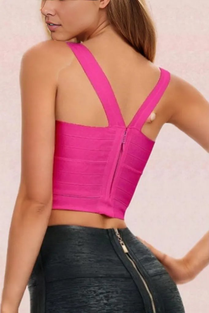 Woman wearing a figure flattering  Jay Bandage Crop Top - Hot Pink BODYCON COLLECTION