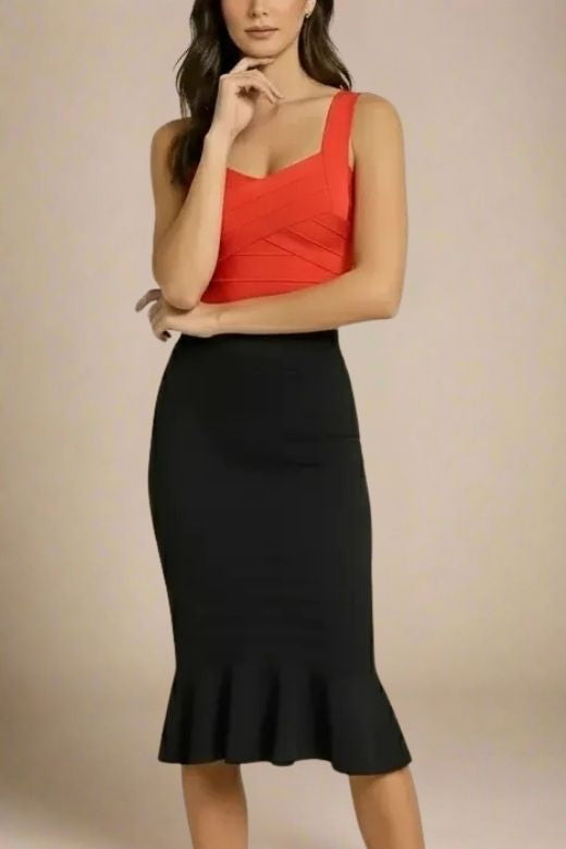 Woman wearing a figure flattering  Jay Bandage Crop Top - Lipstick Red BODYCON COLLECTION