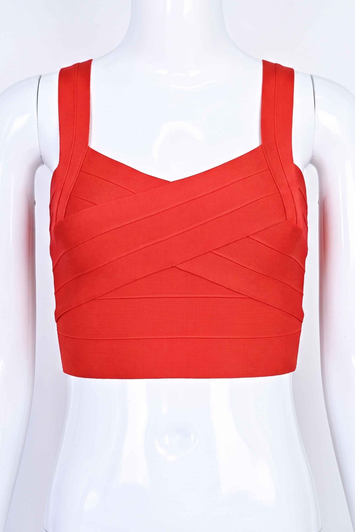 Woman wearing a figure flattering  Jay Bandage Crop Top - Lipstick Red BODYCON COLLECTION