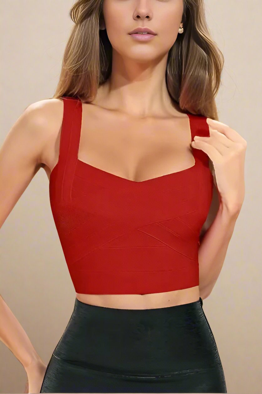 Woman wearing a figure flattering  Jay Bandage Crop Top - Lipstick Red BODYCON COLLECTION