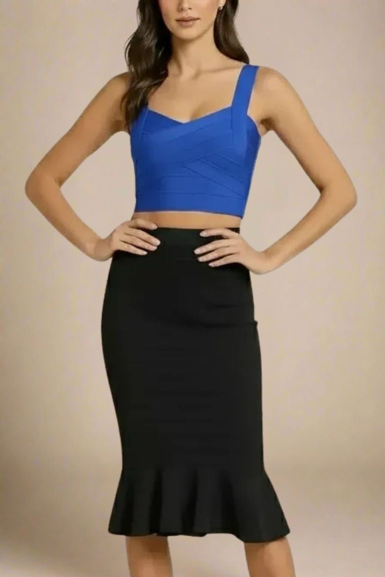 Woman wearing a figure flattering  Jay Bandage Crop Top - Royal Blue BODYCON COLLECTION