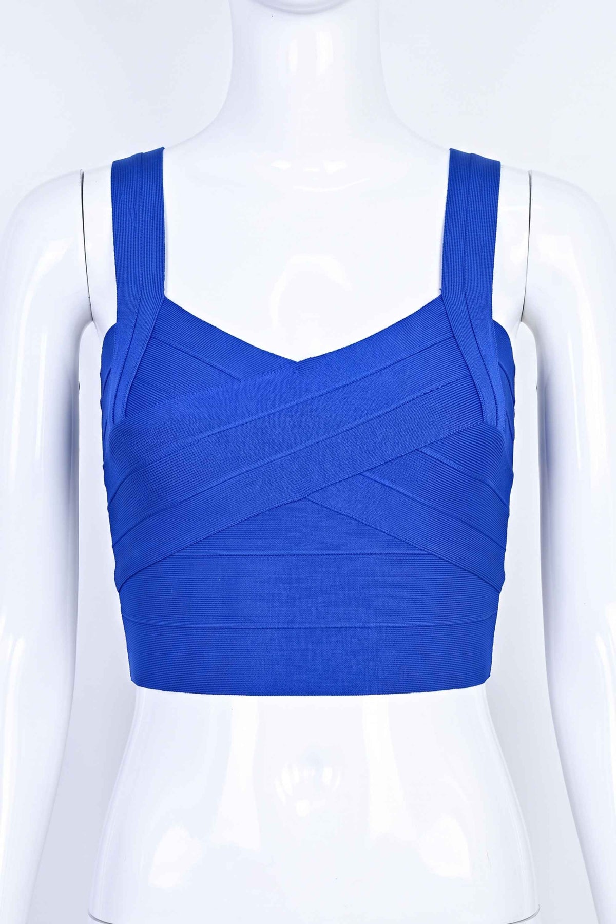 Woman wearing a figure flattering  Jay Bandage Crop Top - Royal Blue BODYCON COLLECTION