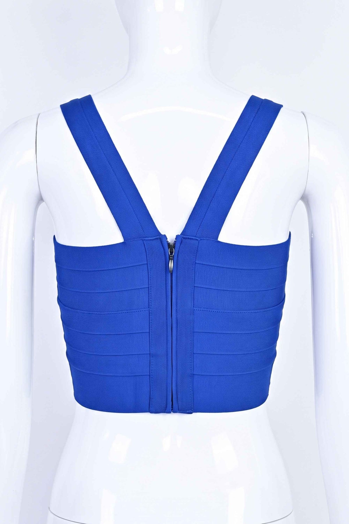 Woman wearing a figure flattering  Jay Bandage Crop Top - Royal Blue BODYCON COLLECTION