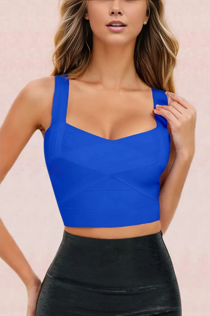 Woman wearing a figure flattering  Jay Bandage Crop Top - Royal Blue BODYCON COLLECTION
