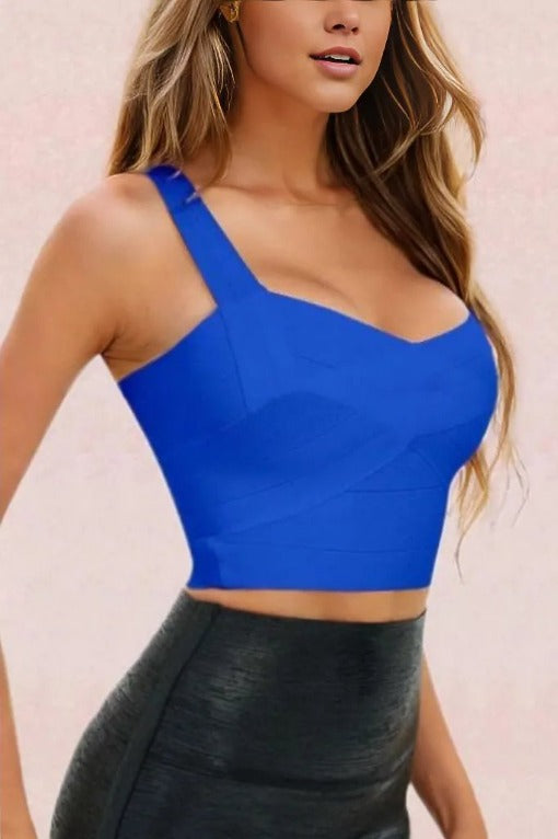 Woman wearing a figure flattering  Jay Bandage Crop Top - Royal Blue BODYCON COLLECTION