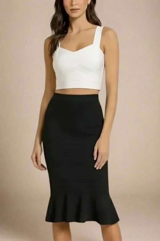 Woman wearing a figure flattering  Jay Bandage Crop Top - White Pearl BODYCON COLLECTION