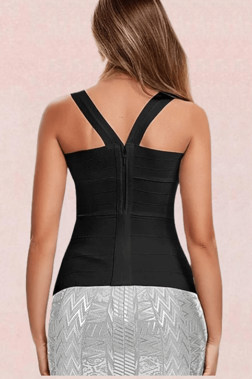 Woman wearing a figure flattering  Jay Bandage Top - Classic Black BODYCON COLLECTION