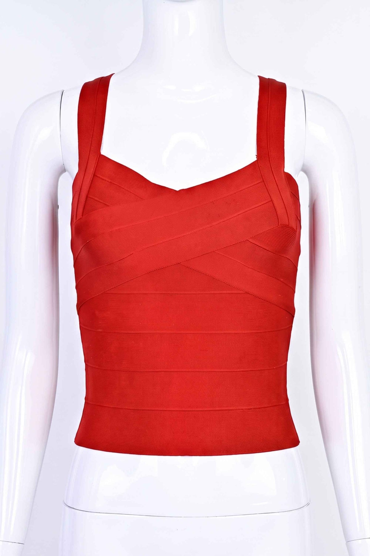 Woman wearing a figure flattering  Jay Bandage Top - Lipstick Red BODYCON COLLECTION