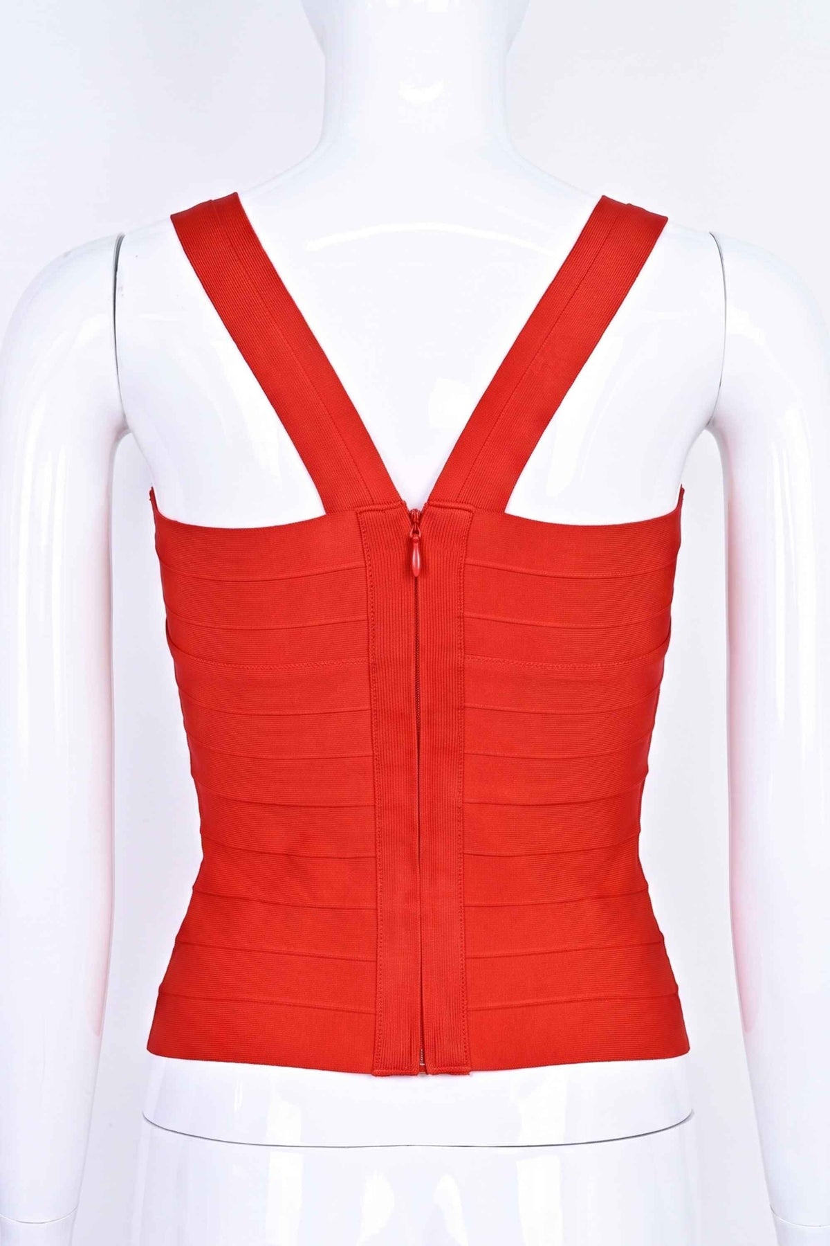Woman wearing a figure flattering  Jay Bandage Top - Lipstick Red BODYCON COLLECTION