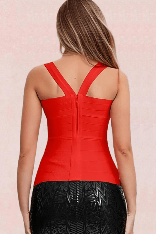 Woman wearing a figure flattering  Jay Bandage Top - Lipstick Red BODYCON COLLECTION
