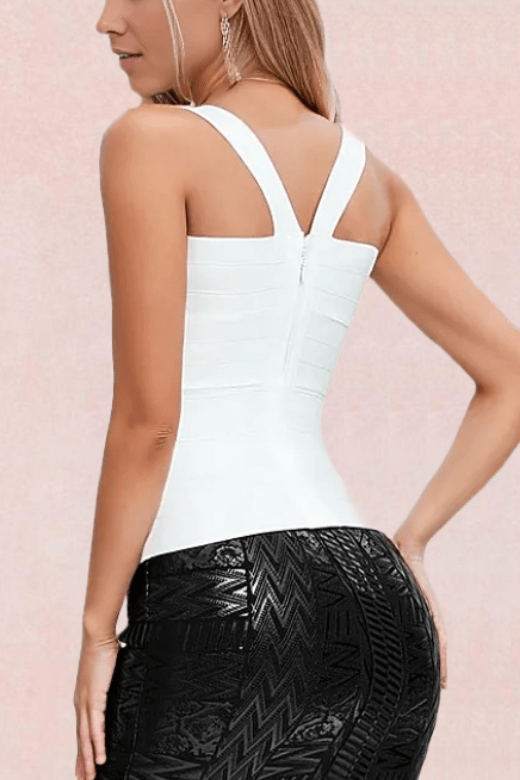Woman wearing a figure flattering  Jay Bandage Top - Pearl White BODYCON COLLECTION