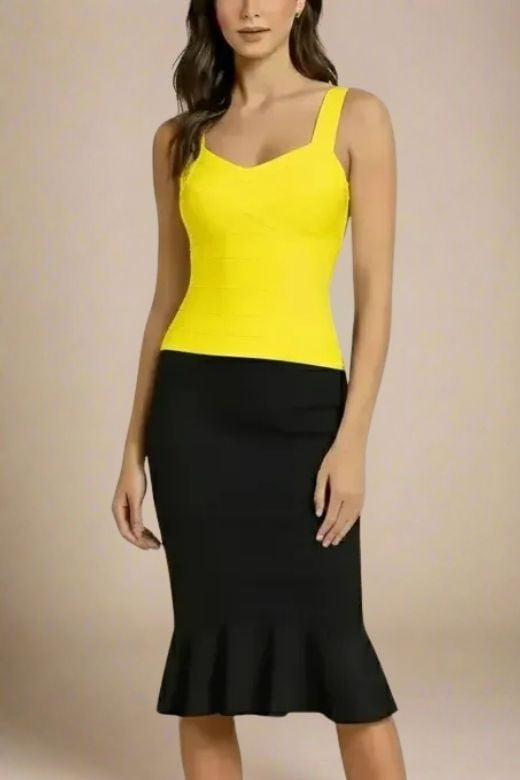 Woman wearing a figure flattering  Jay Bandage Top - Sun Yellow BODYCON COLLECTION